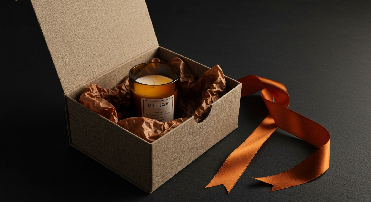 Coffret cadeau ouvert avec bougie posée dans son écrin de papier de soie