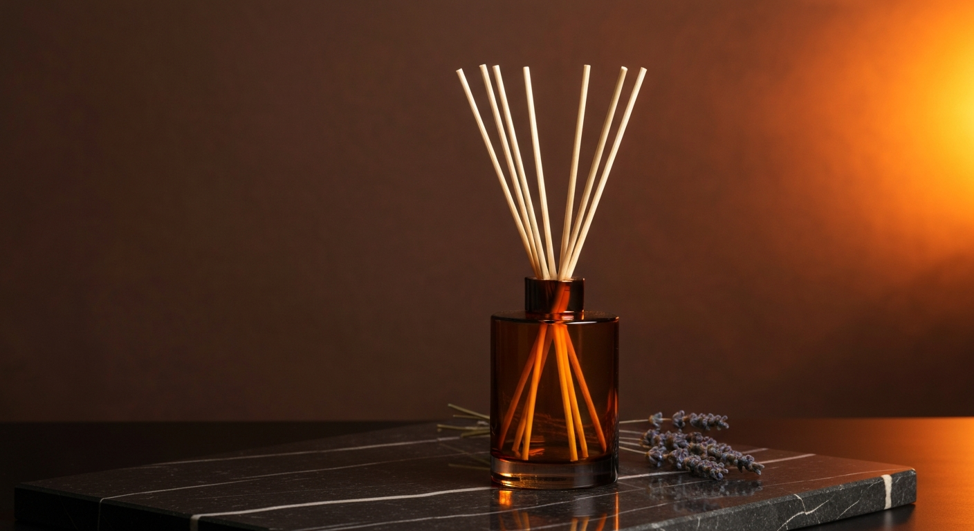 Diffuseur en verre ambré avec bâtons en rotin sur plateau marbre sombre