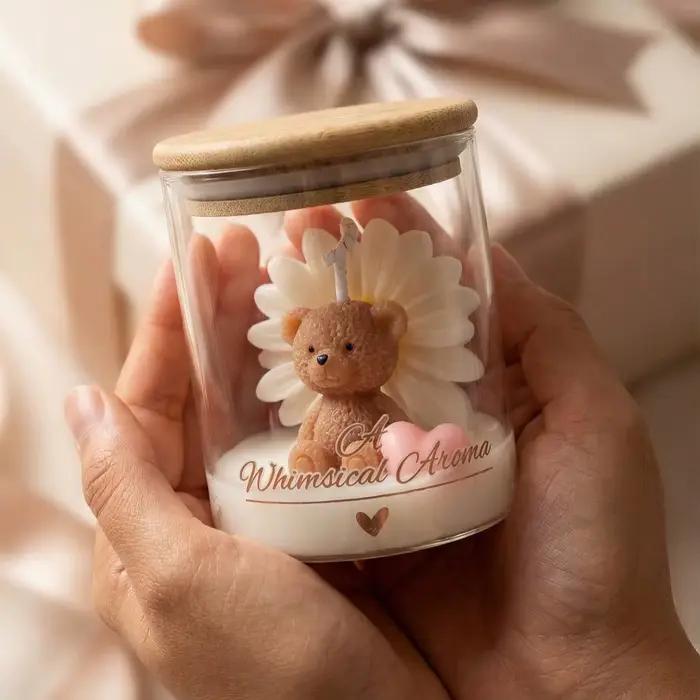 Bougie en forme d'ours en peluche dans un bocal en verre avec couvercle en bois, bougie parfumée en cire de soja pour la décoration de la maison, de la chambre à coucher, du bureau, cadeau pour les fe