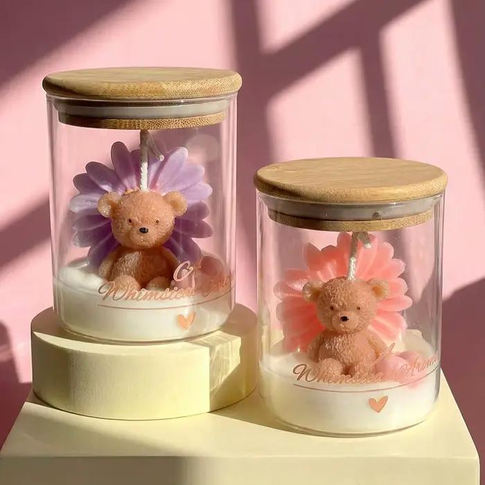 Bougie en forme d'ours en peluche dans un bocal en verre avec couvercle en bois, bougie parfumée en cire de soja pour la décoration de la maison, de la chambre à coucher, du bureau, cadeau pour les fe