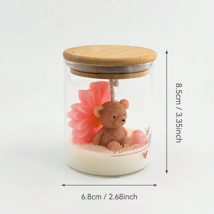 Bougie en forme d'ours en peluche dans un bocal en verre avec couvercle en bois, bougie parfumée en cire de soja pour la décoration de la maison, de la chambre à coucher, du bureau, cadeau pour les fe