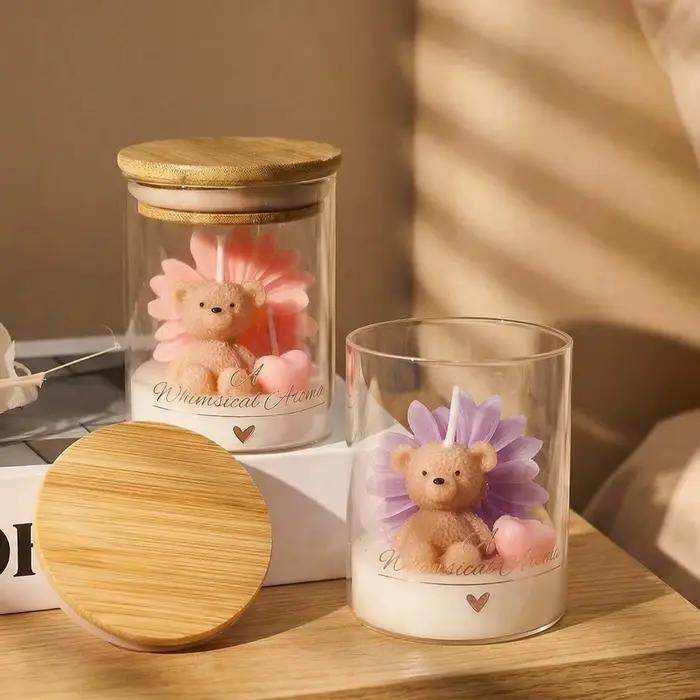 Bougie en forme d'ours en peluche dans un bocal en verre avec couvercle en bois, bougie parfumée en cire de soja pour la décoration de la maison, de la chambre à coucher, du bureau, cadeau pour les fe