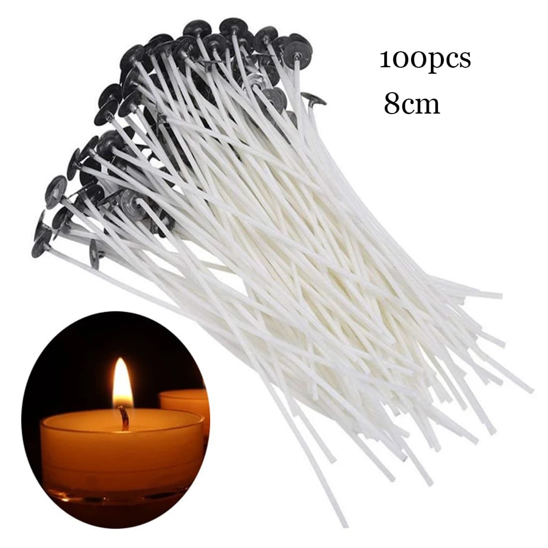 Mèche de bougie sans fumée 8-20 Cm, 100 mèches en coton pré-ciré de haute qualité avec pièce de Supp