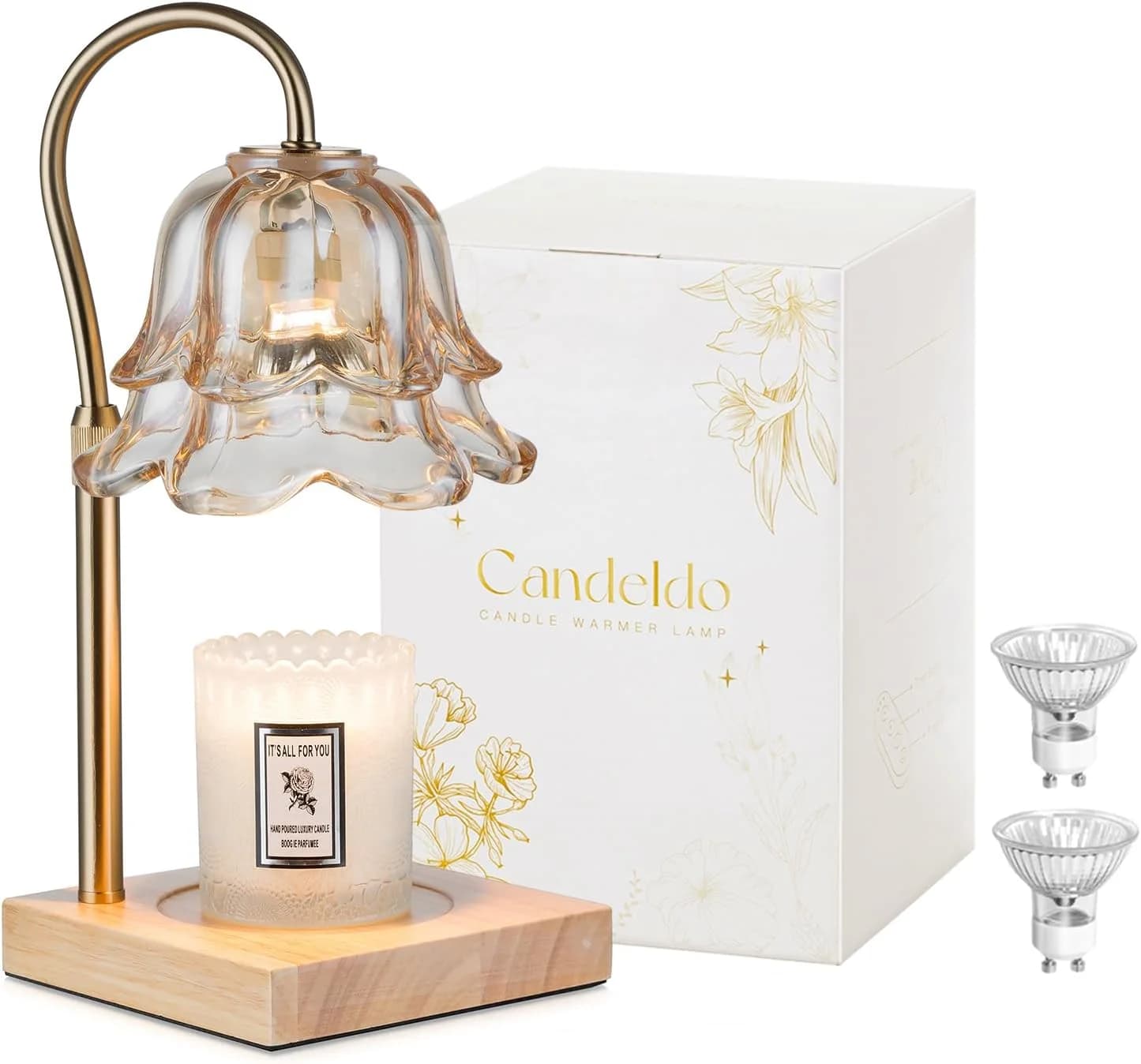 Lampe chauffe-bougie avec minuterie: lampes à bougies en or à fleurs, hauteur réglable, cire fondue,