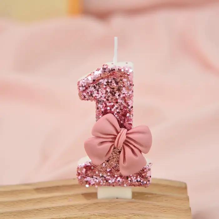 Bougie créative à paillettes de couleur assortie avec nœud rose, décoration numérique pour gâteau d'