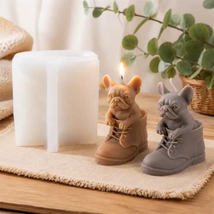 Moule en silicone 3D Bouledogue Français pour bougie, chiot en botte, moule de fabrication de bougies, moule artisanal en cire DIY, décoration d'intérieur, cadeau fait main