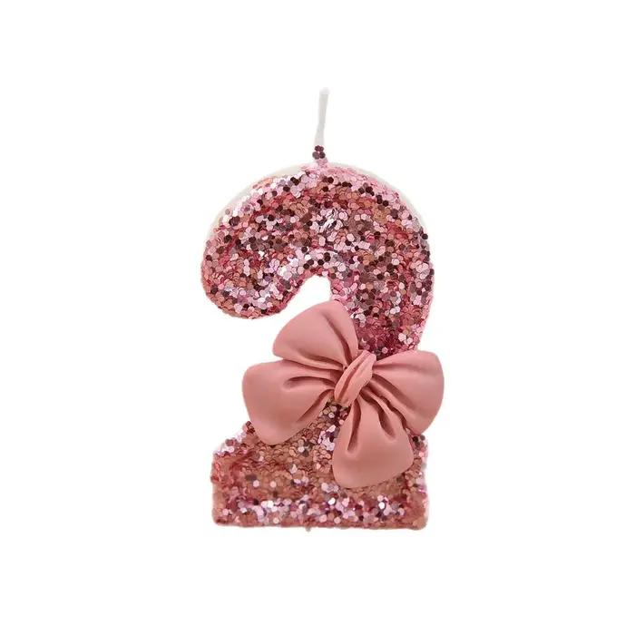 Bougie créative à paillettes de couleur assortie avec nœud rose, décoration numérique pour gâteau d'anniversaire, anniversaire