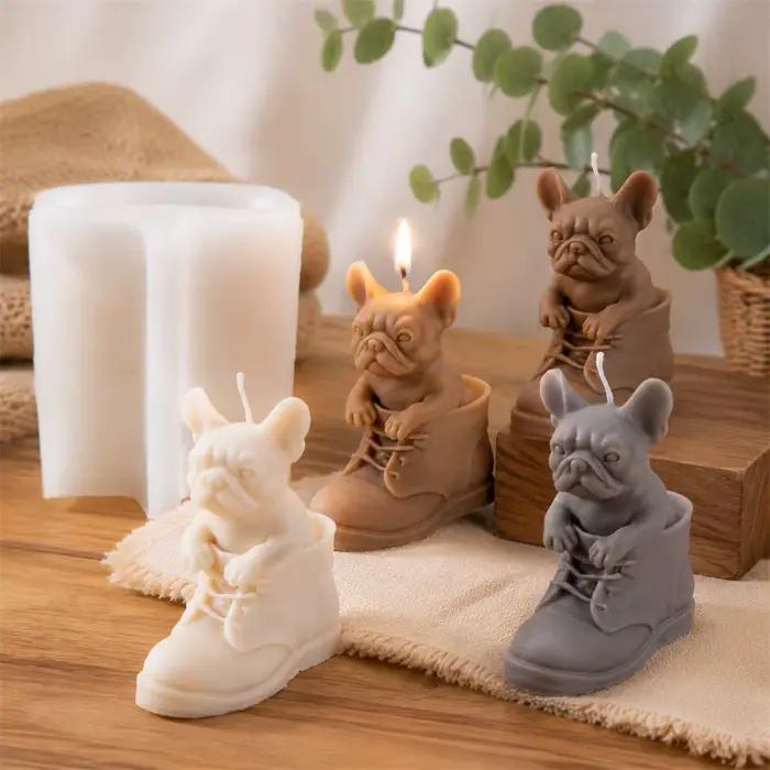 Moule en silicone 3D Bouledogue Français pour bougie, chiot en botte, moule de fabrication de bougies, moule artisanal en cire DIY, décoration d'intérieur, cadeau fait main