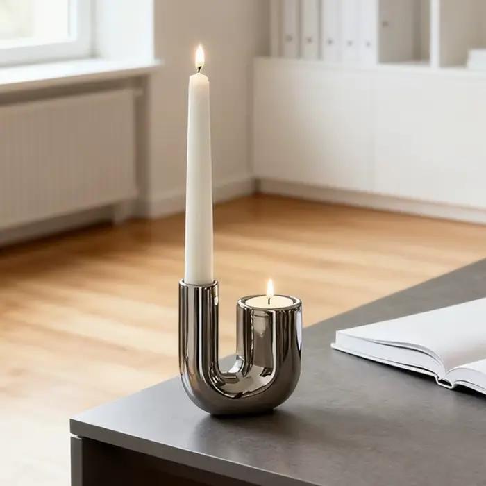 Porte-bougie en céramique en forme de U moderne, support de bougie romantique en argent électroplaqué, bougeoir de luxe léger pour salon