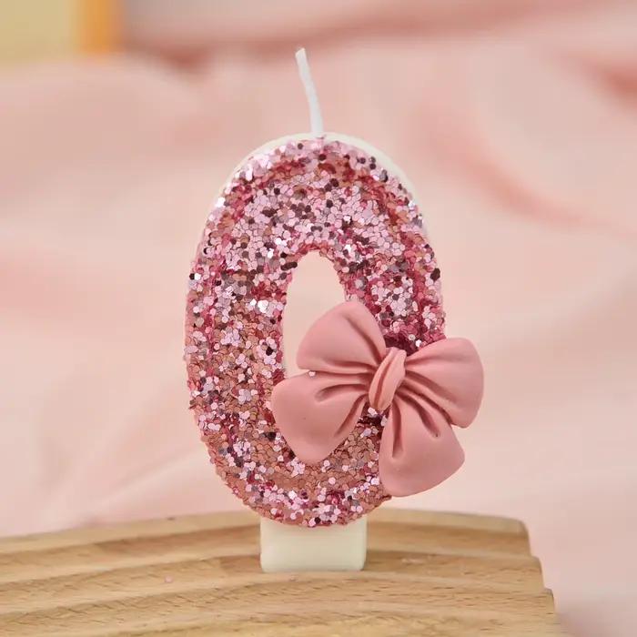 Bougie créative à paillettes de couleur assortie avec nœud rose, décoration numérique pour gâteau d'anniversaire, anniversaire