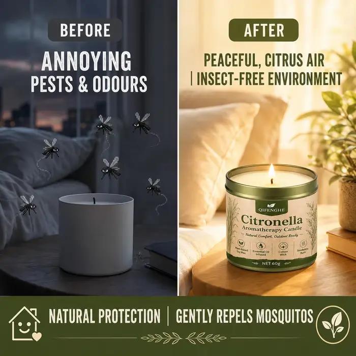 Bougie parfumée à la citronnelle 60g, cire de soja naturelle, aromathérapie, anti-moustiques, bougie en boîte pour chambre, balcon, jardin, camping