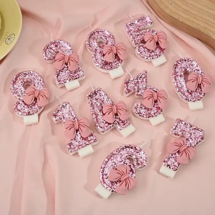 Bougie créative à paillettes de couleur assortie avec nœud rose, décoration numérique pour gâteau d'anniversaire, anniversaire